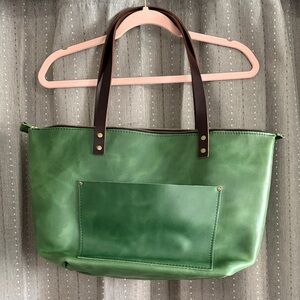 Portland Leather Green Tote with Dark Brown Handles